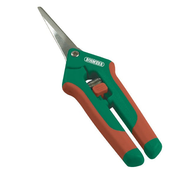 Gardening shears with green and brown handles held by a hand, with a close-up of the shears on a white background.