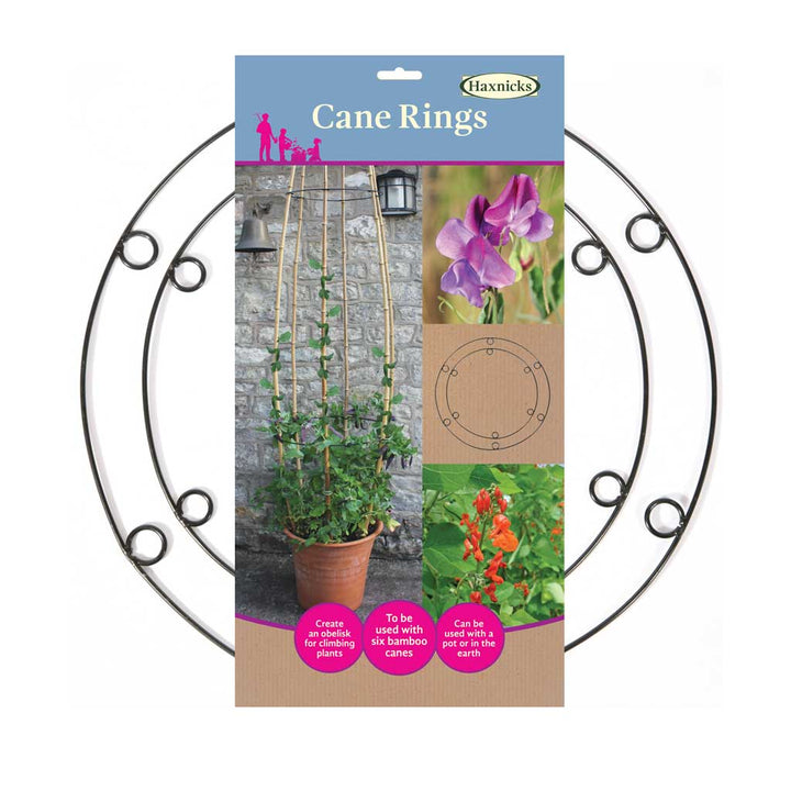 haxnicks Garden cane rings with packaging featuring images of plants and text.