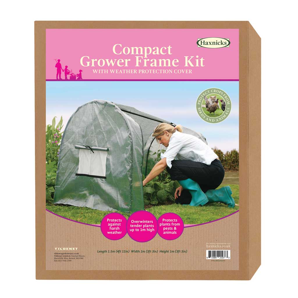 Haxnicks Compact Grower Frame Kit packaging with a woman interacting with the frame.