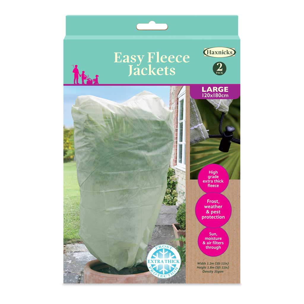 Packaging of Haxnicks Easy Fleece Jackets with a large green fleece jacket on a white background.