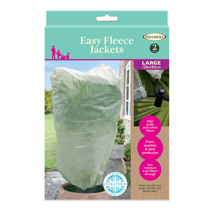 Packaging of Haxnicks Easy Fleece Jackets with a large green fleece jacket on a white background.