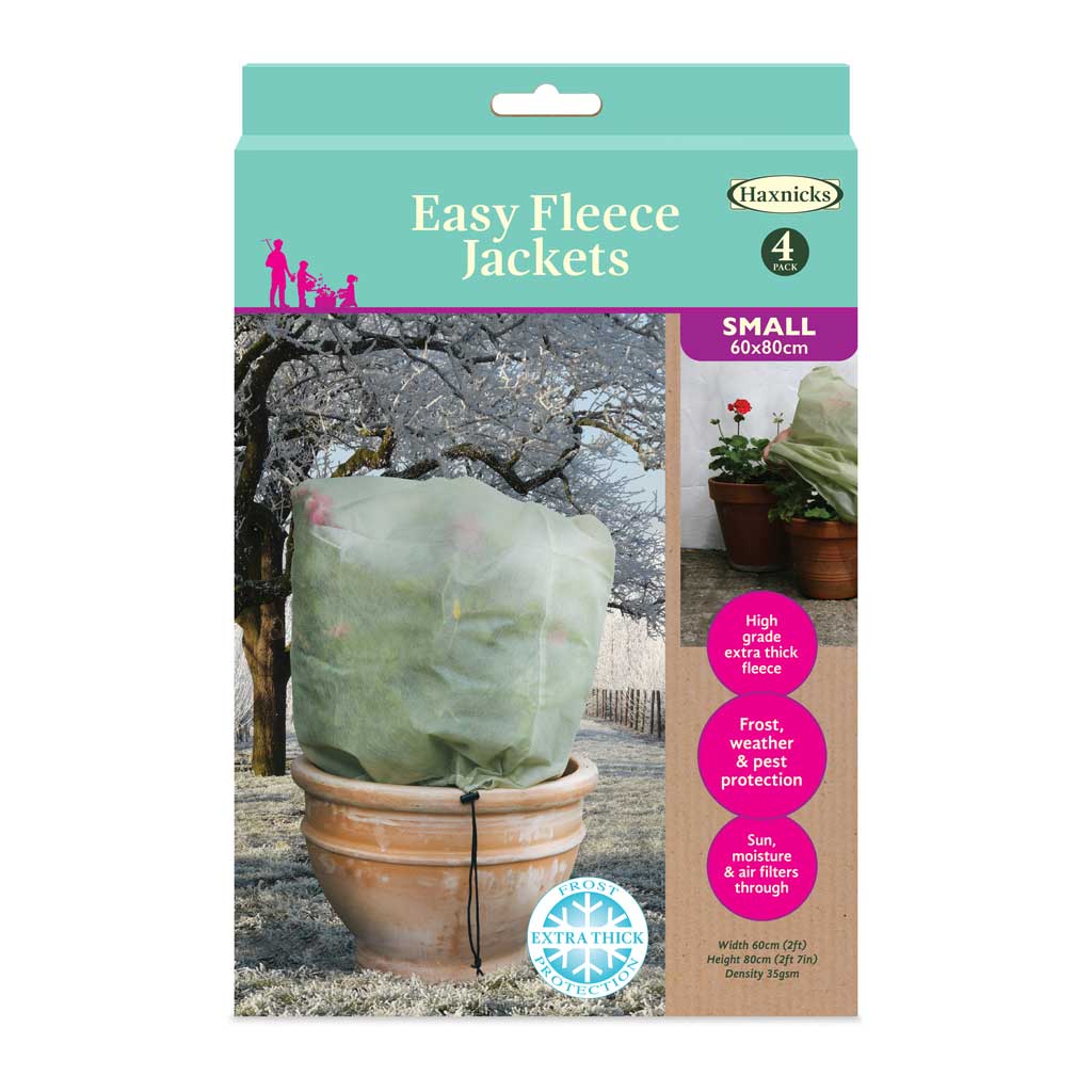 Haxnicks Easy Fleece Jackets packaging with a plant in a pot covered by a fleece jacket.