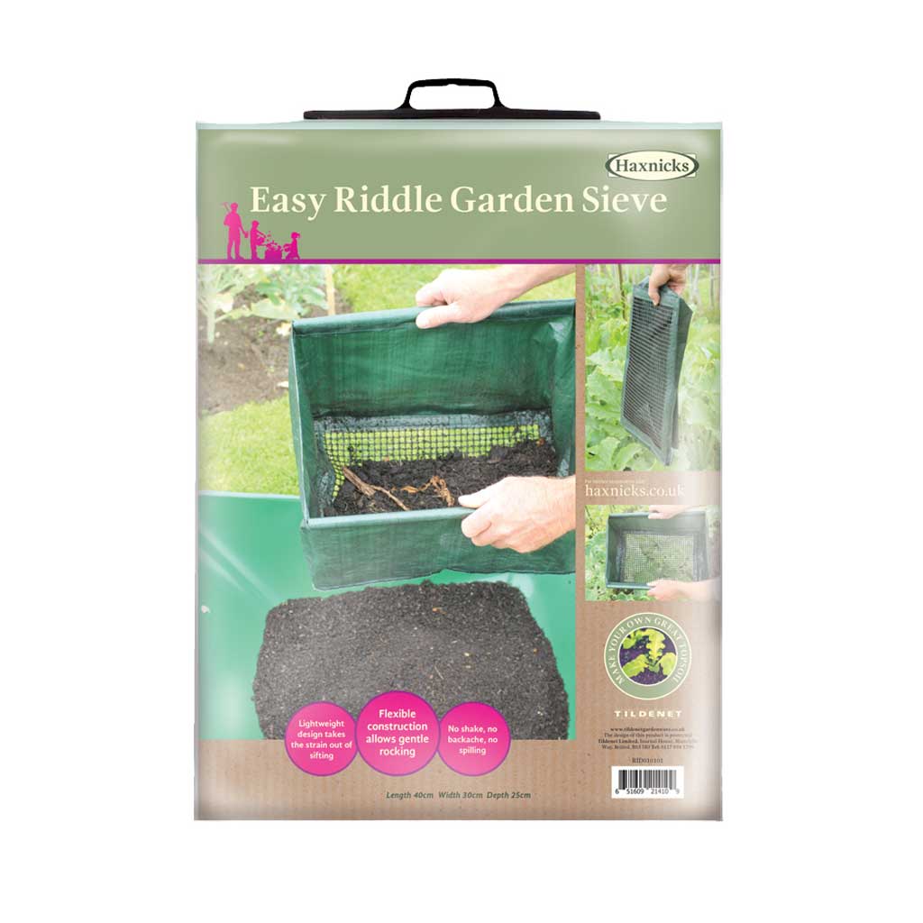 Packaging of easy riddle garden sieve with text and images on a white background