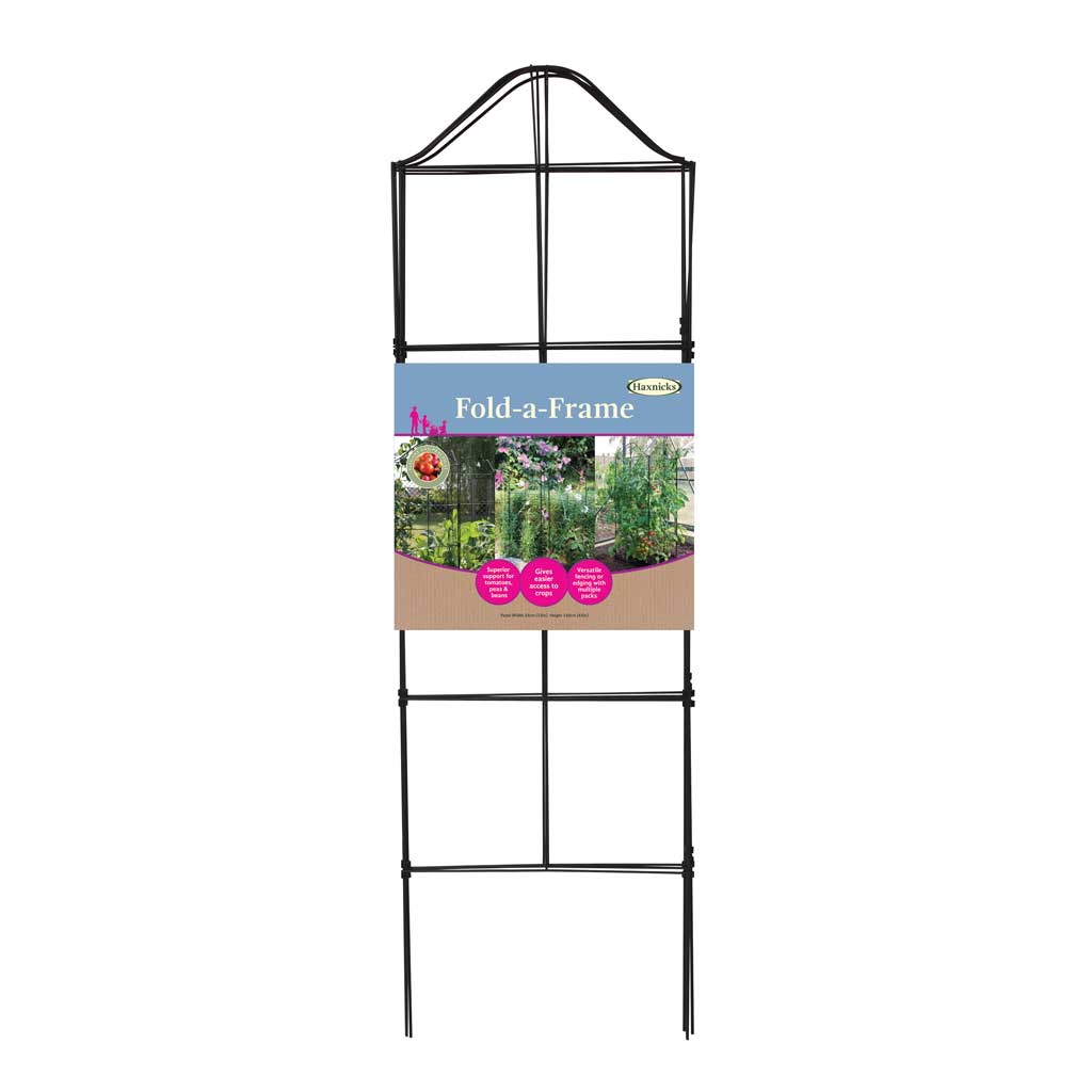 Black metal haxnicks fold-a-frame garden frame with packaging on a white background