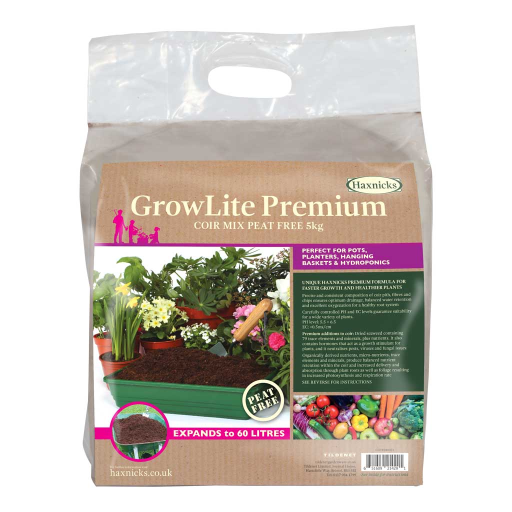 Package of Haxnicks GrowLite Premium Coir Mix on a white background