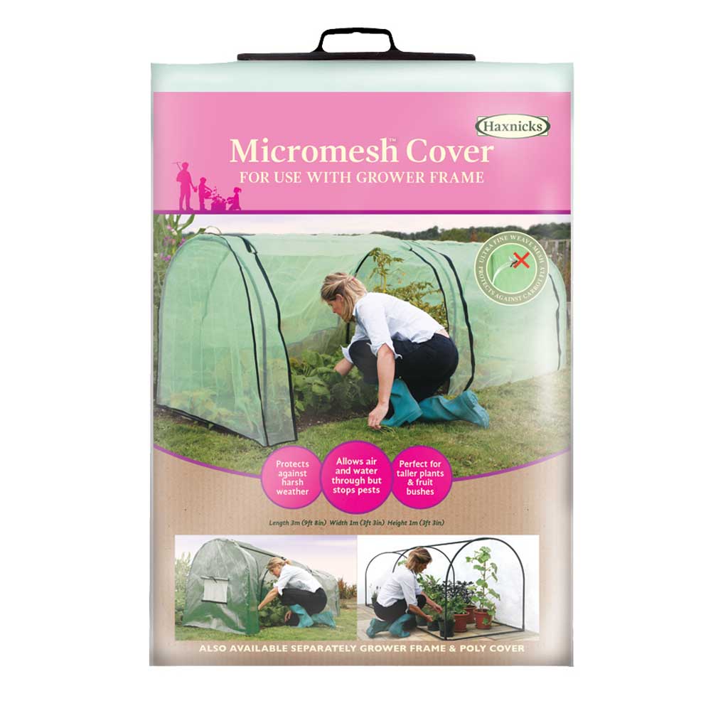 Haxnicks Micromesh Cover packaging with a woman using the cover in an outdoor setting.