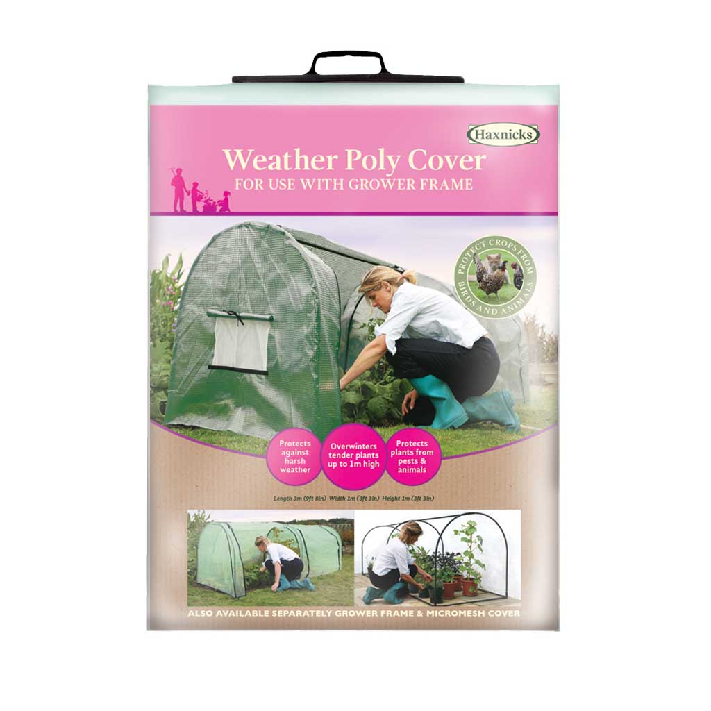 haxnicks Weather Poly Cover packaging with images of a greenhouse and people using it.