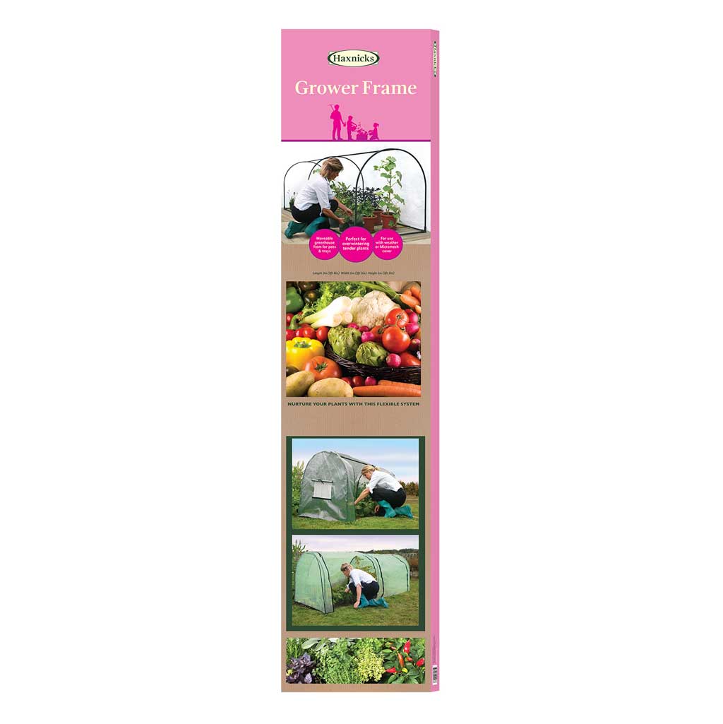 Package of a grower frame with images of vegetables and people using the product on a white background.