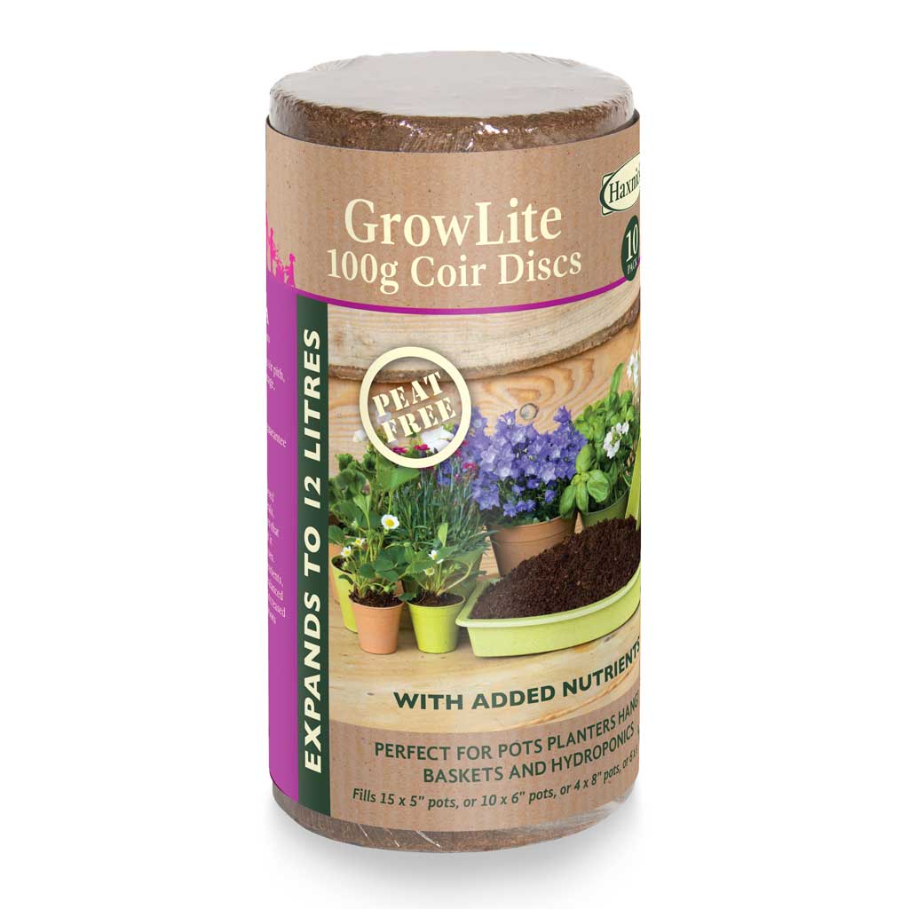 haxnicks GrowLite coir discs packaging on a white background