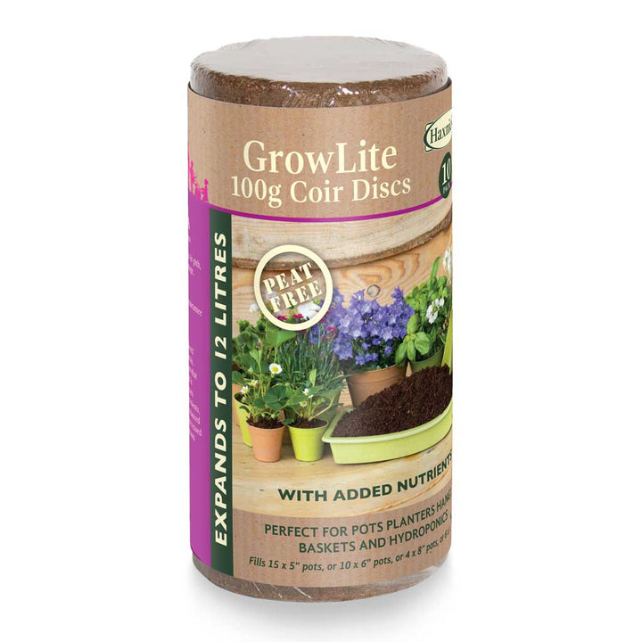 haxnicks GrowLite coir discs packaging on a white background