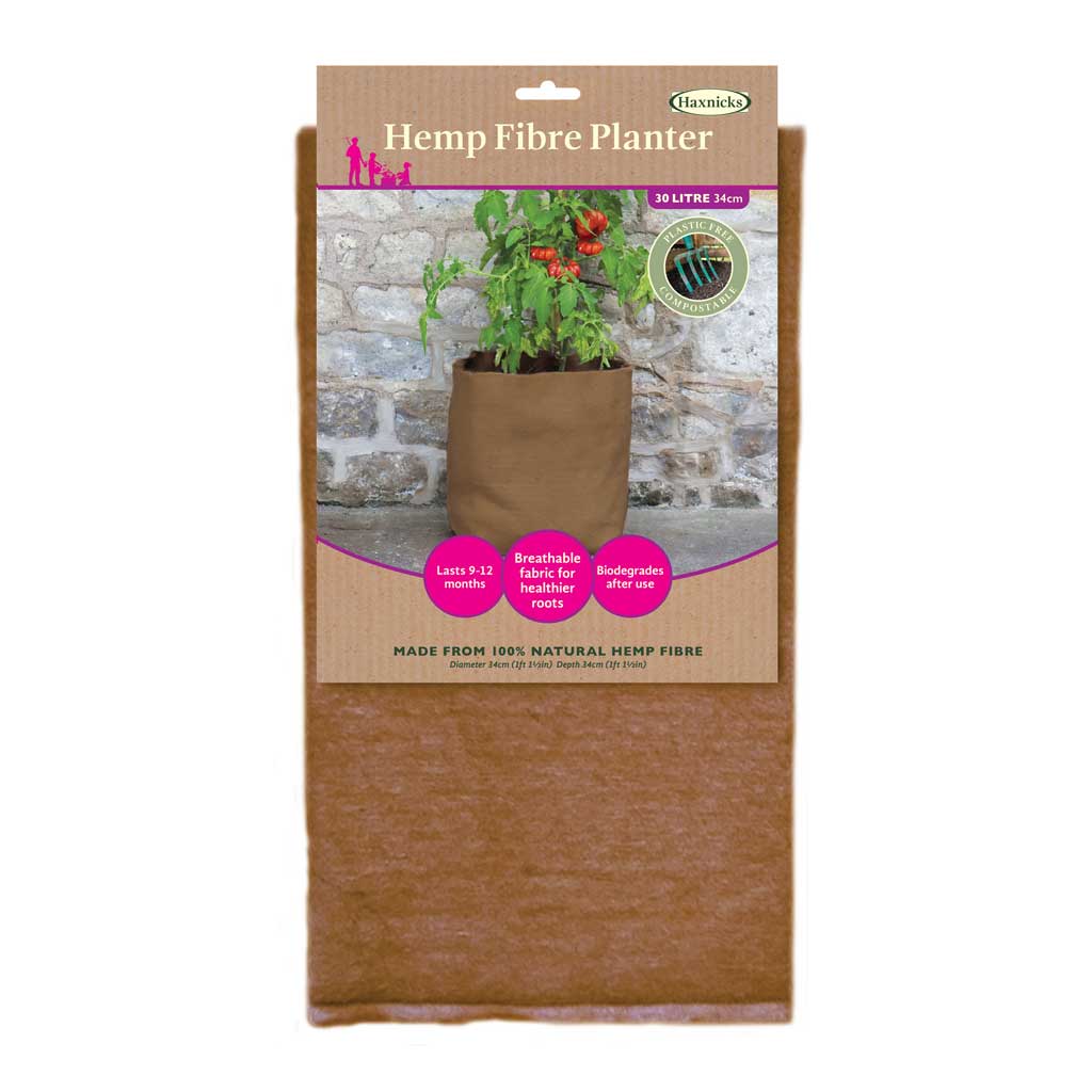 Hemp fibre planter packaging with a stone wall background