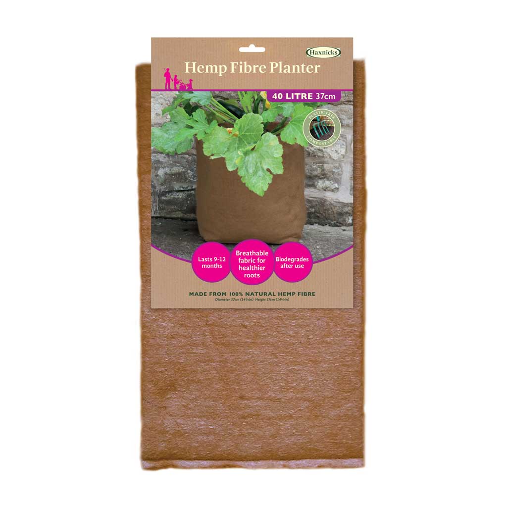 Hemp fibre planter package with branding and product details on a white background