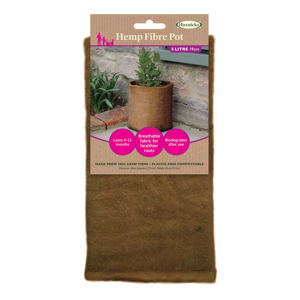 Hemp fibre pot with haxnicks packaging on a white background
