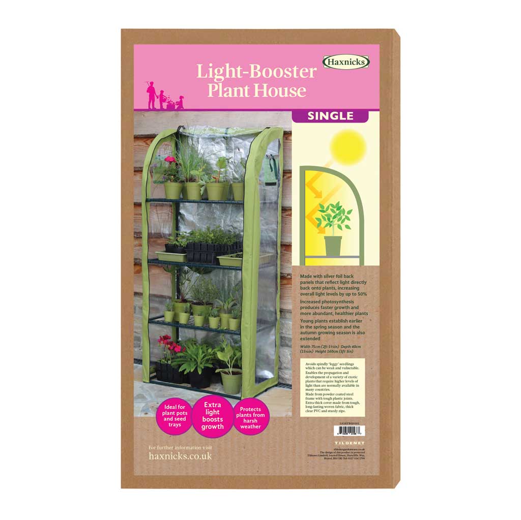 haxnicks light-booster plant house packaging with images of plants and text on a white background