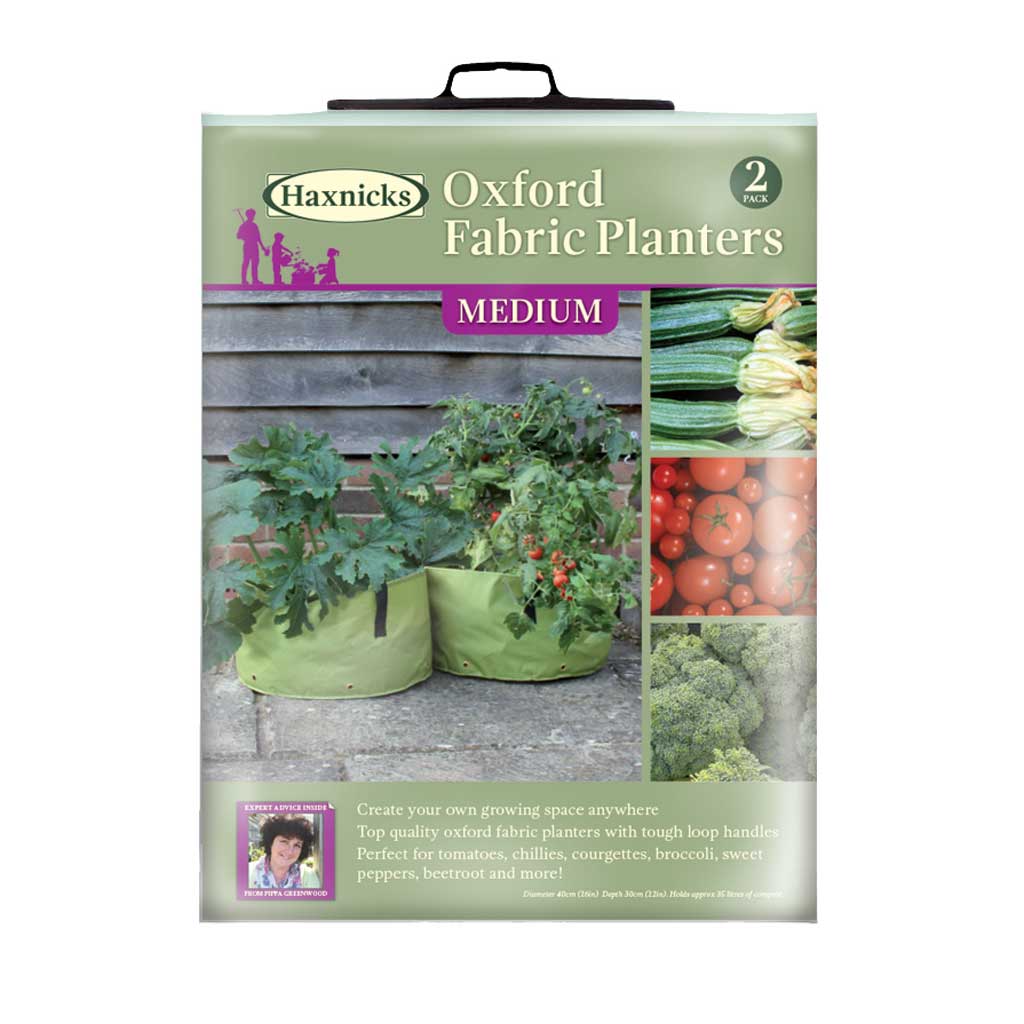 Haxnicks Oxford Fabric Planters packaging with images of planters and vegetables on a white background