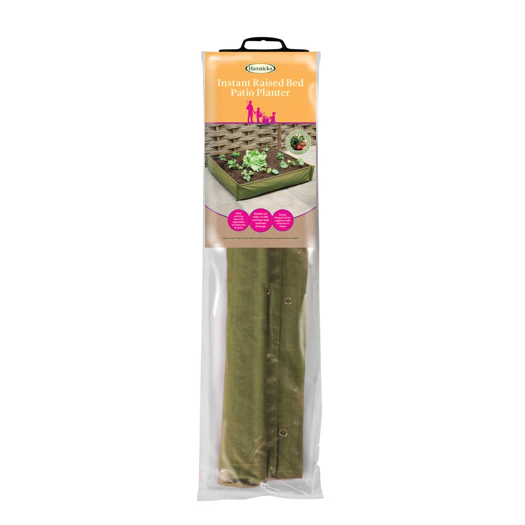 Packaged haxnicks instant raised bed patio planter with clear front view on a white background