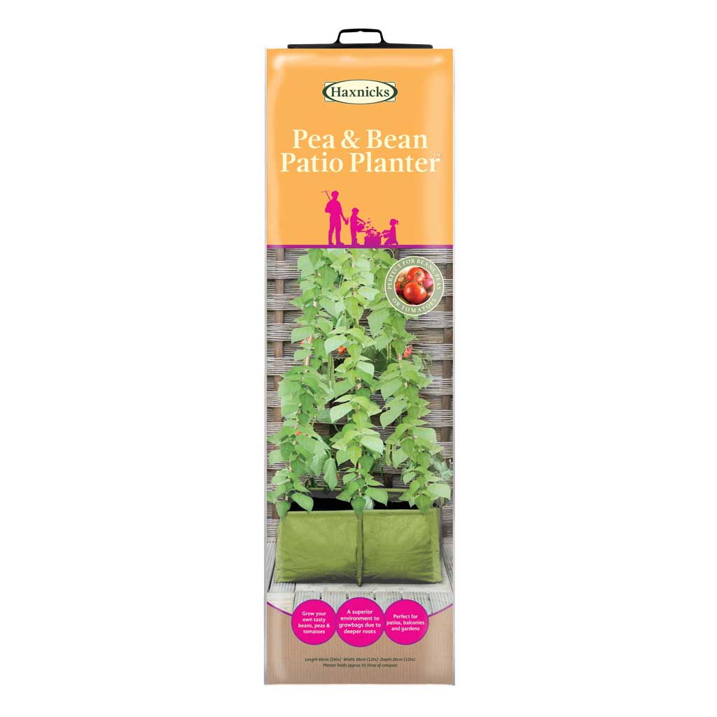 Haxnicks pea and bean patio planter packaging on a white background