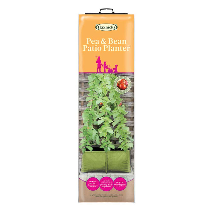 Haxnicks pea and bean patio planter packaging on a white background