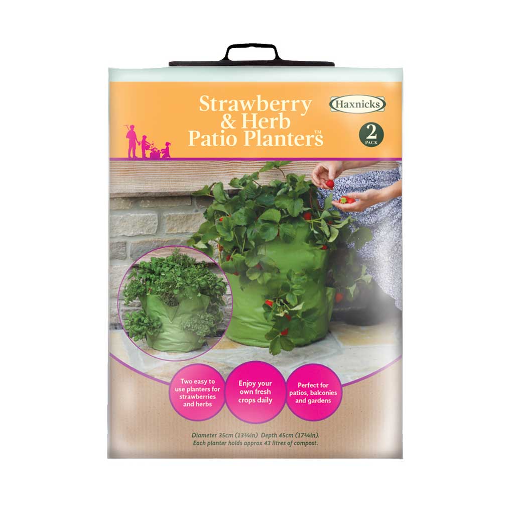 Packaging of strawberry and herb patio planters with images of plants and text on a white background.