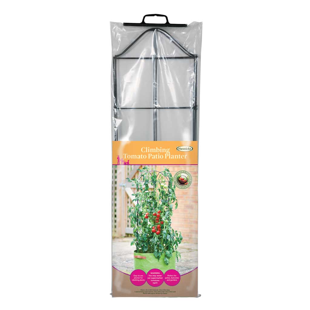 Haxnicks Climbing Tomato Patio Planter packaging with clear plastic cover on a white background