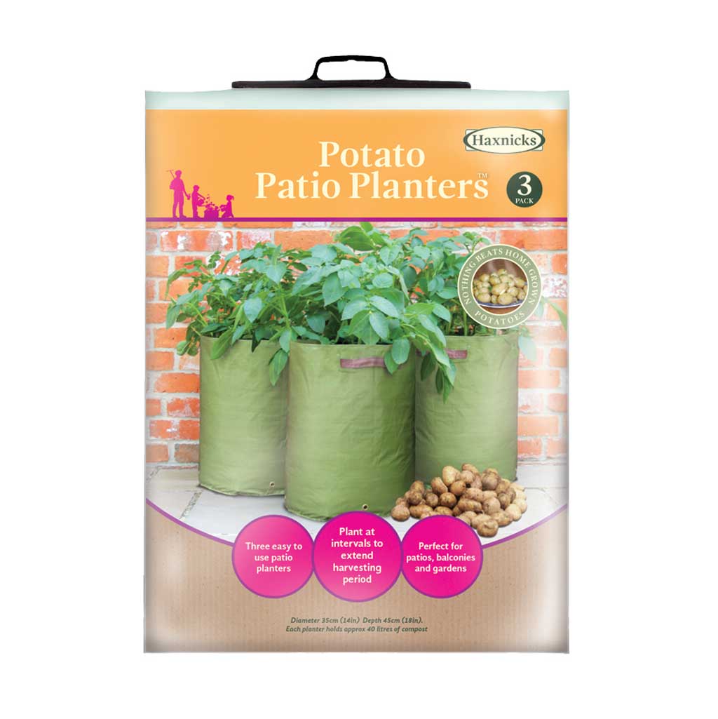 Haxnick's Potato Patio Planters packaging with three green planters and potatoes on a white background.