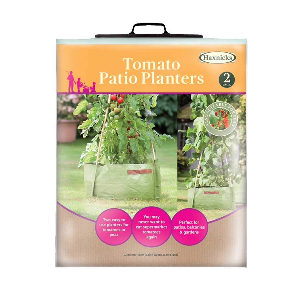 Haxnicks Tomato Patio Planters packaging with two green planters and text on a white background