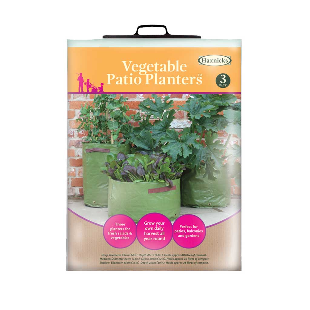 Haxnicks Vegetable Patio Planters packaging with green planters and text on a white background