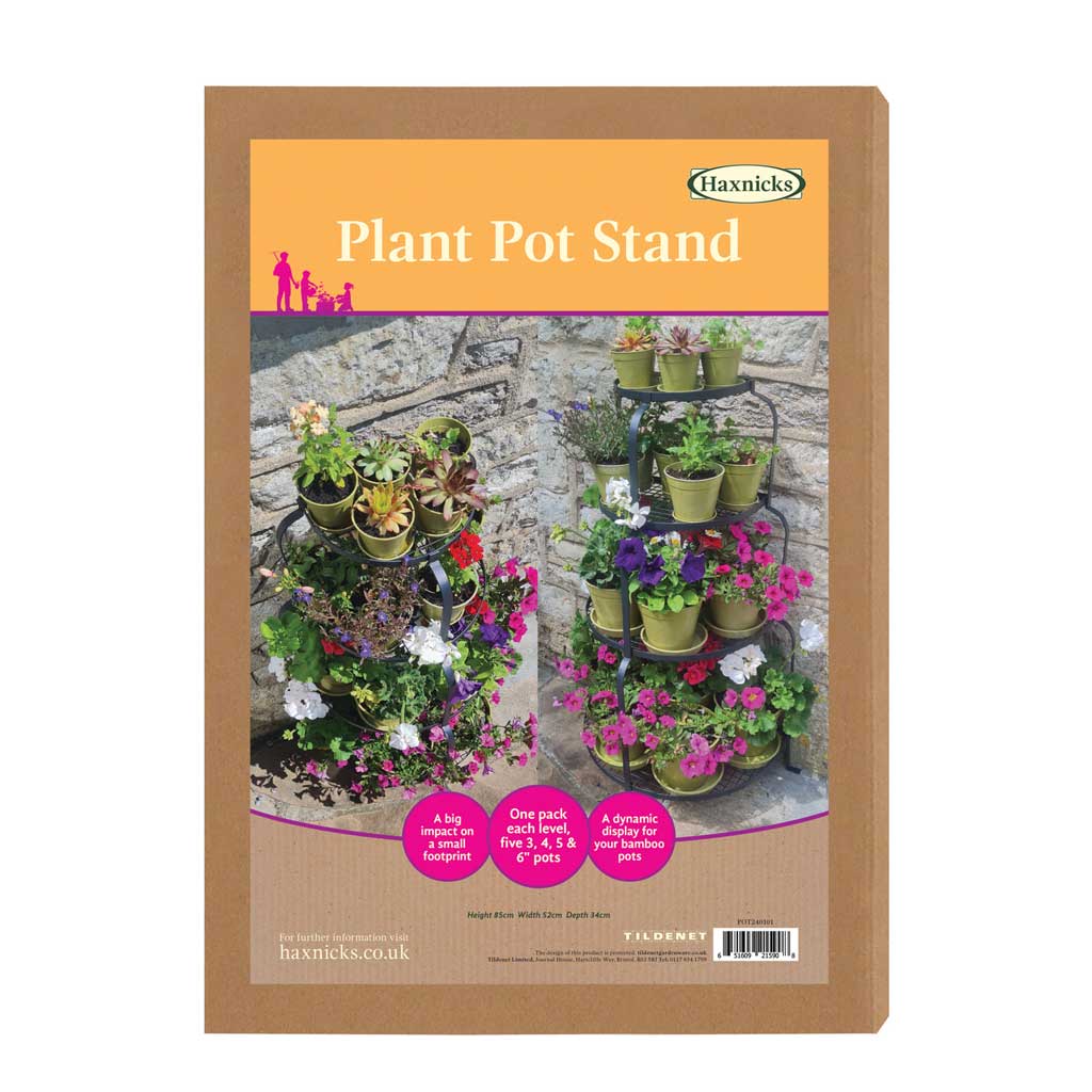Haxnicks Plant Pot Stand packaging with images of plants on a stand.