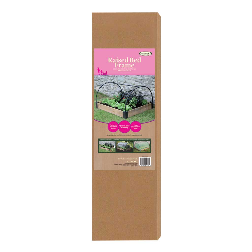 Cardboard packaging of a raised bed frame with images and text on a white background