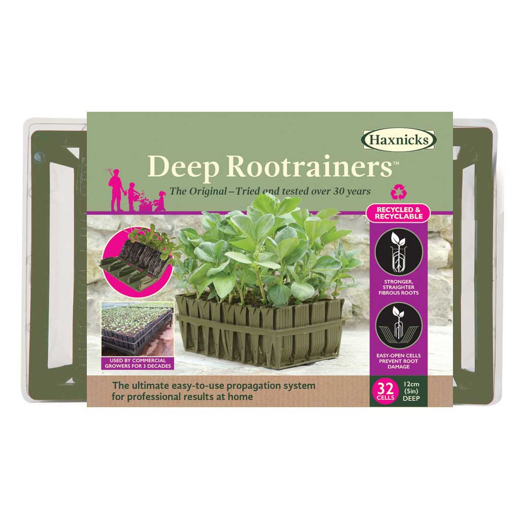 Haxnicks Deep Rootrainers packaging with plants on a white background