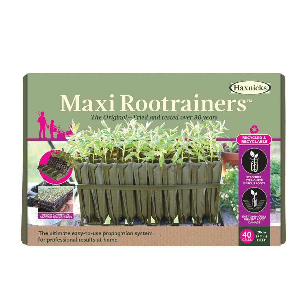 Haxnicks Maxi Rootrainers packaging with text and images of plants on a white background