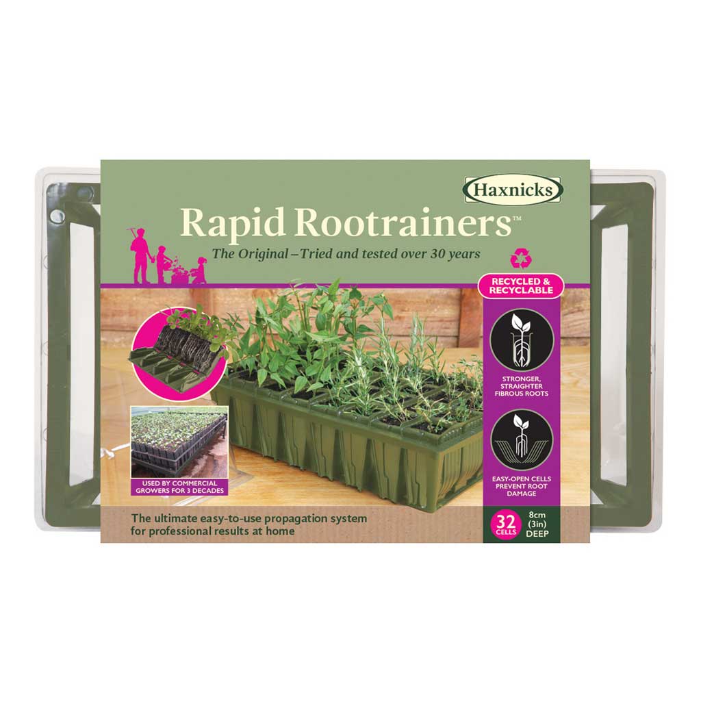 Haxnicks Rapid Rootainers packaging with a tray of seedlings on a white background