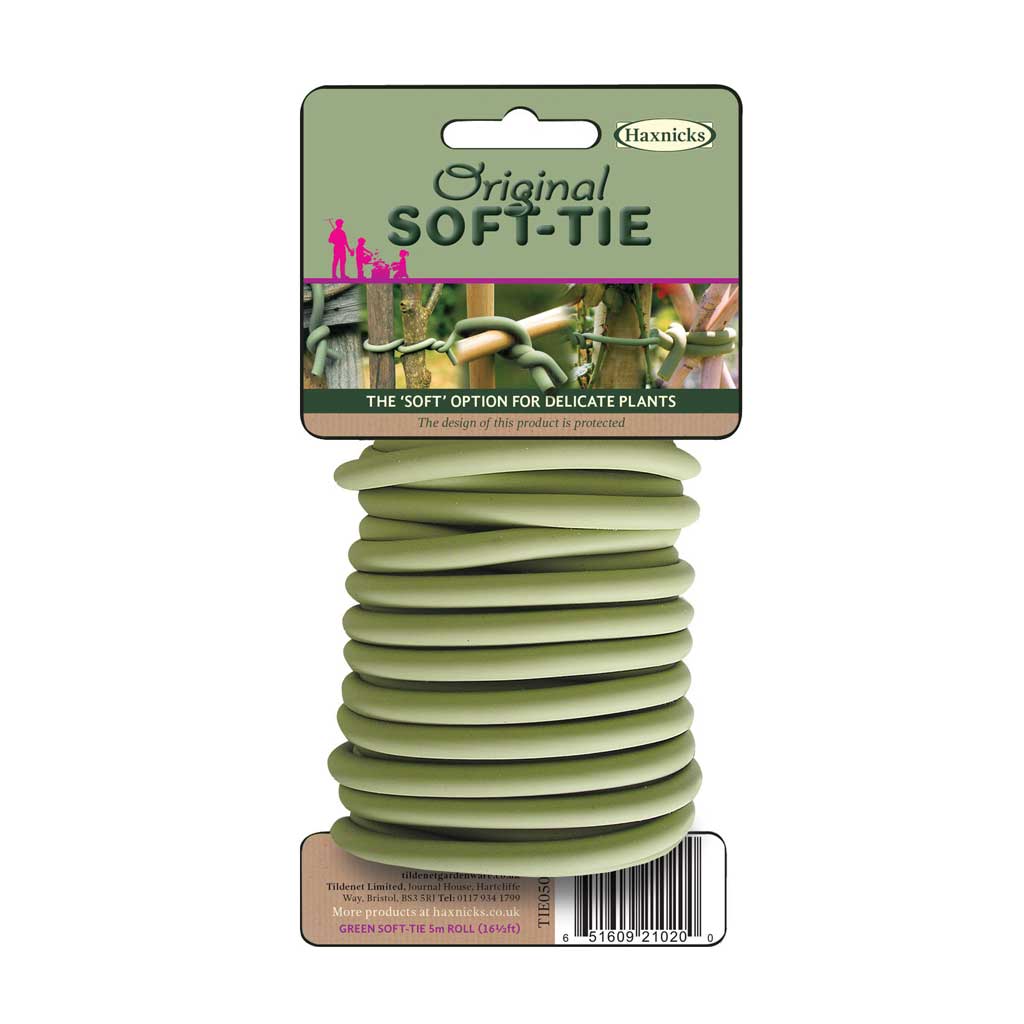 Green soft tie for plants on a Haxnicks branded package