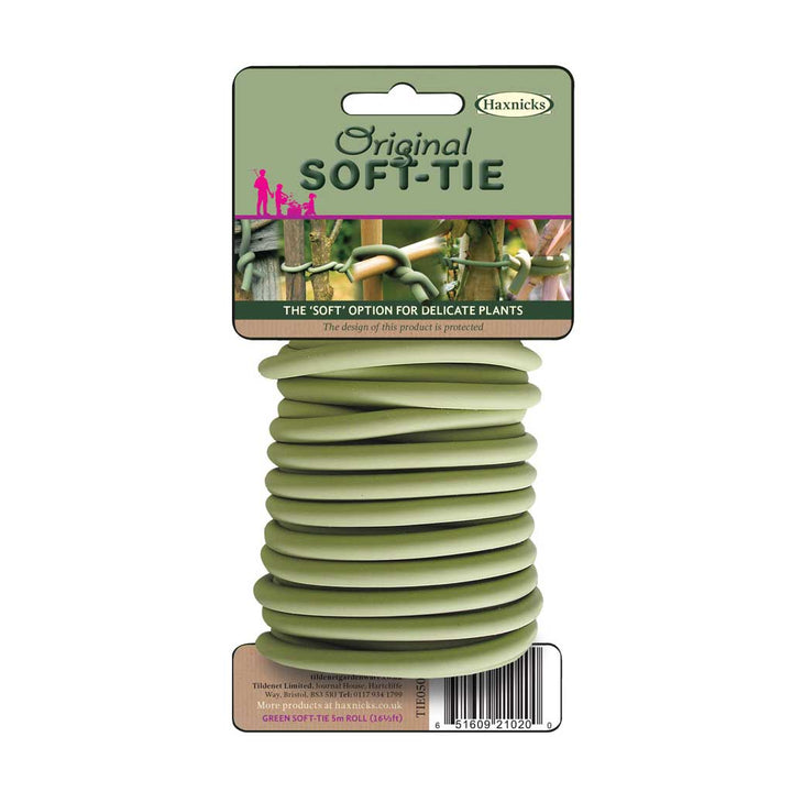 Green soft tie for plants on a Haxnicks branded package