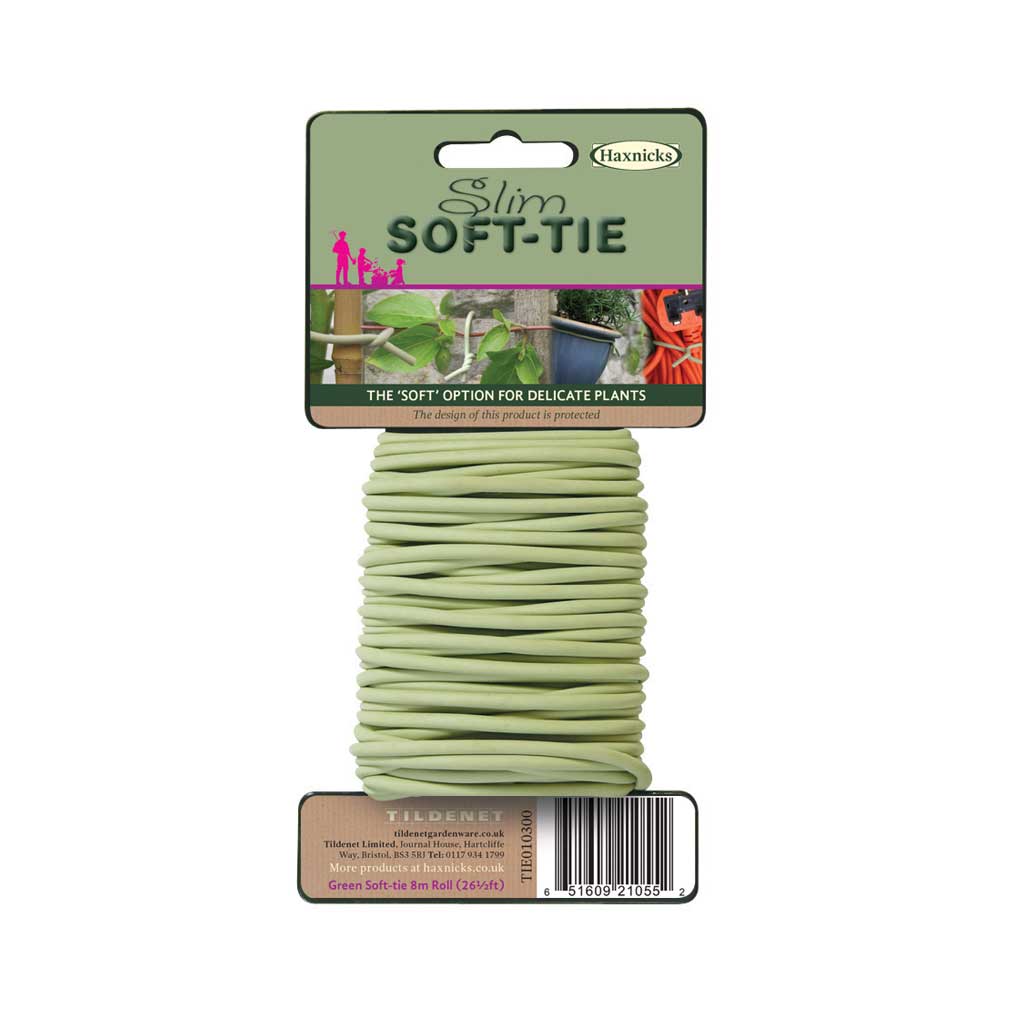 Packaged green slim soft plant tie with Haxnicks branding on a white background