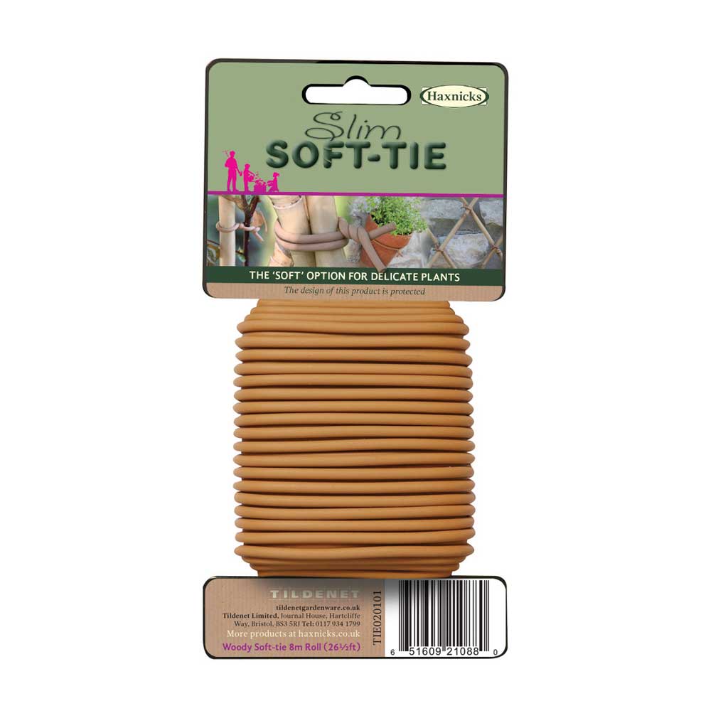 Packaged Slim Soft-Tie plant tie with Haxnicks branding on a white background
