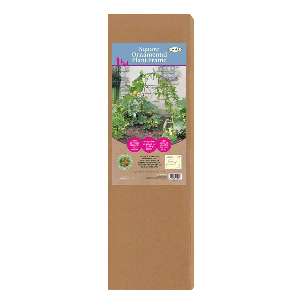 Haxnicks Square ornamental plant frame packaging with a garden image on the label