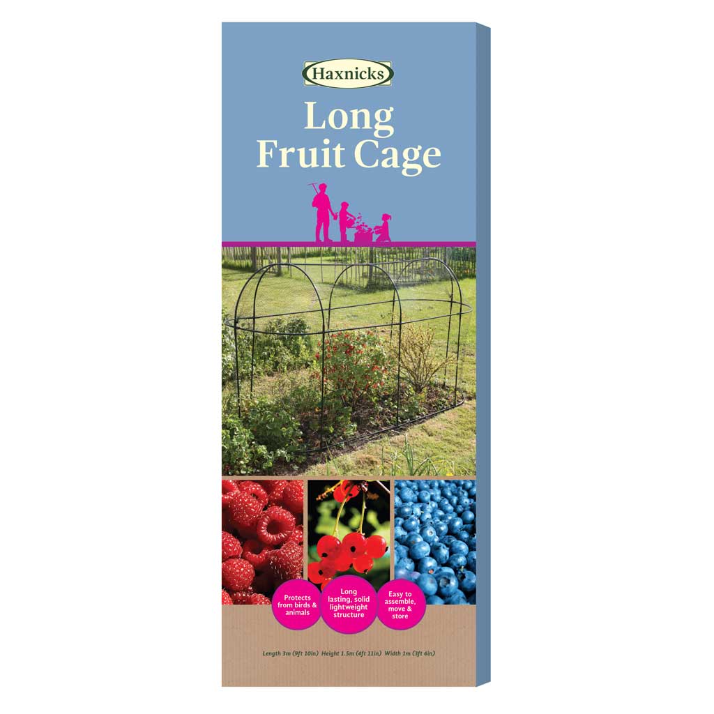 Haxnicks Long Fruit Cage packaging with images of fruits and garden setup on a blue background