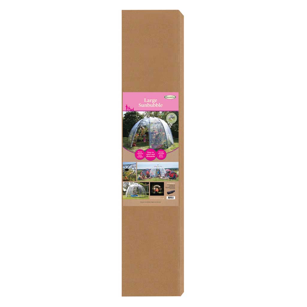 Cardboard packaging of a haxnicks  large sunbubble with a pink label on a white background
