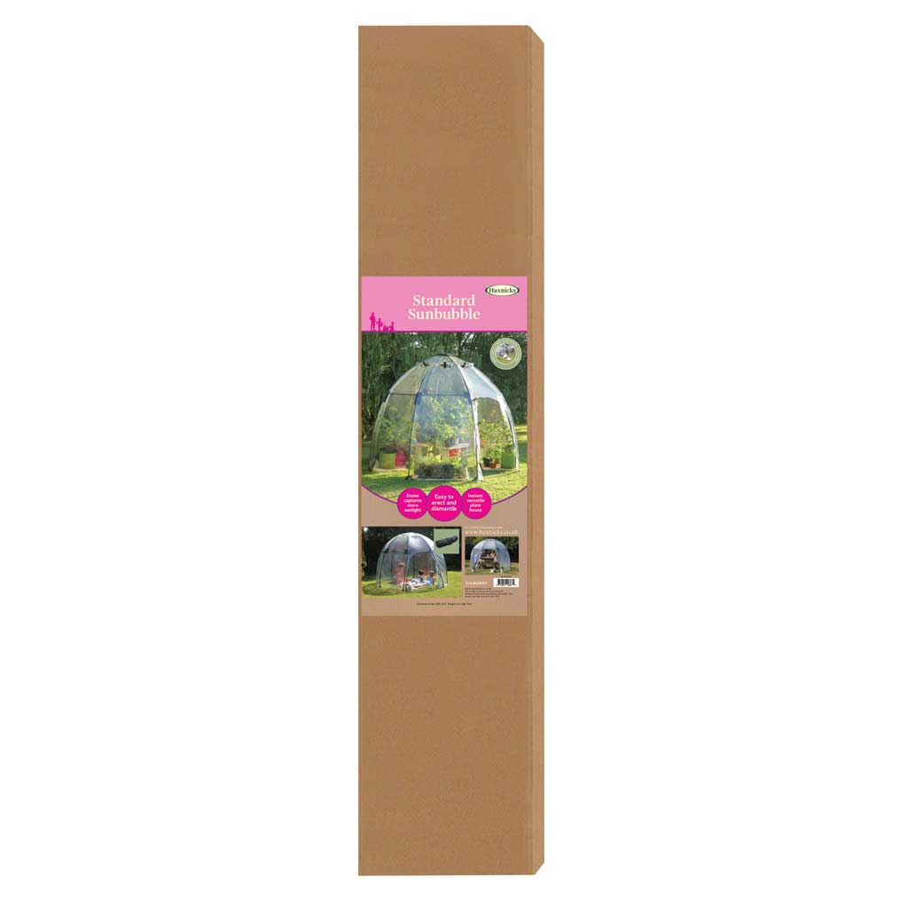 Cardboard packaging of a haxnicks  standard sunbubble with a clear plastic cover on a white background