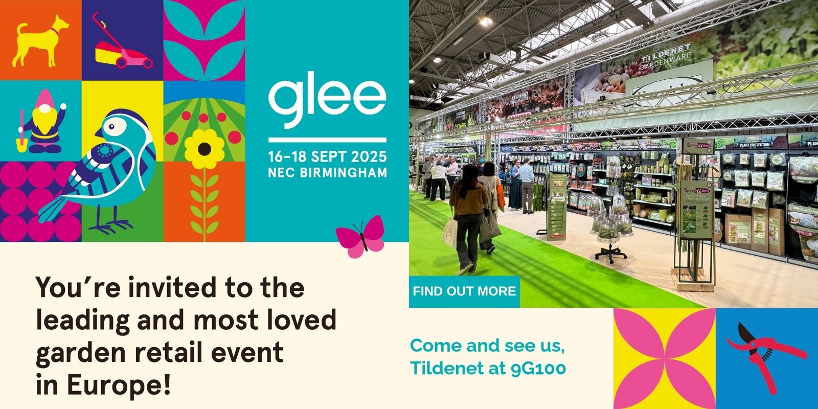 Advertisement for Glee garden retail event with colorful graphics and text.