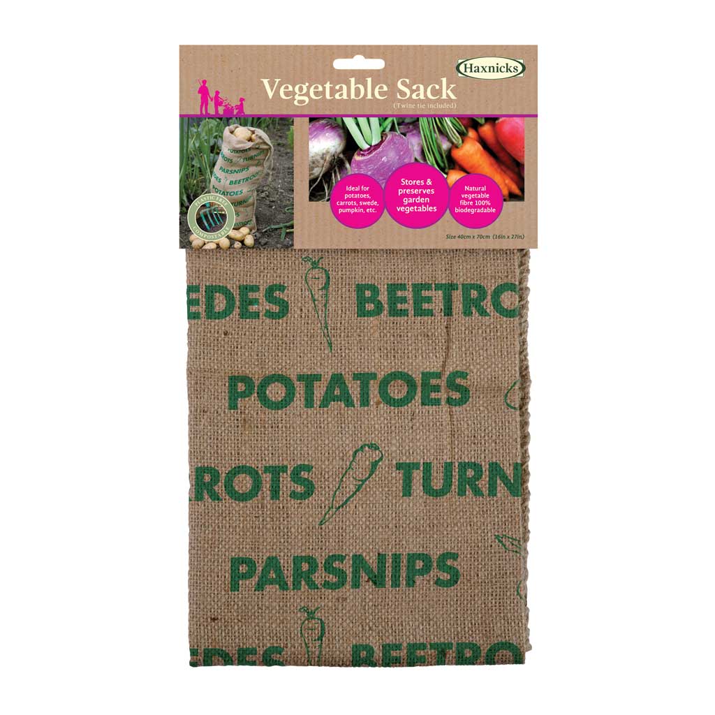 Haxnicks vegetable sack with text and graphics on a white background