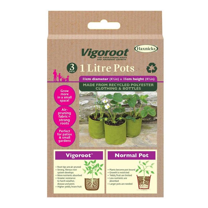 Vigoroot 1 litre pots packaging with plants on a white background
