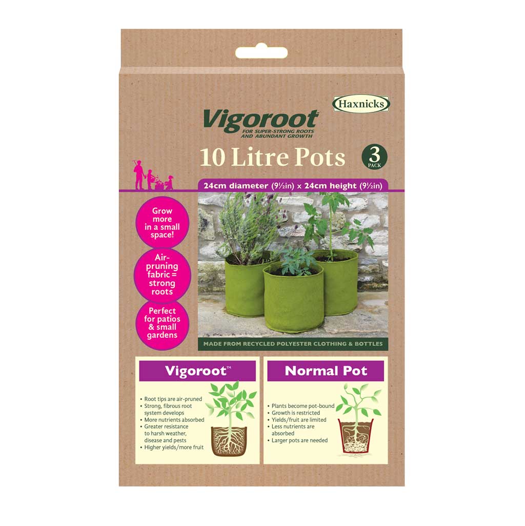 Vigoroot 10 Litre Pots packaging with green pots and branding on a beige background