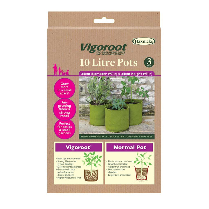 Vigoroot 10 Litre Pots packaging with green pots and branding on a beige background