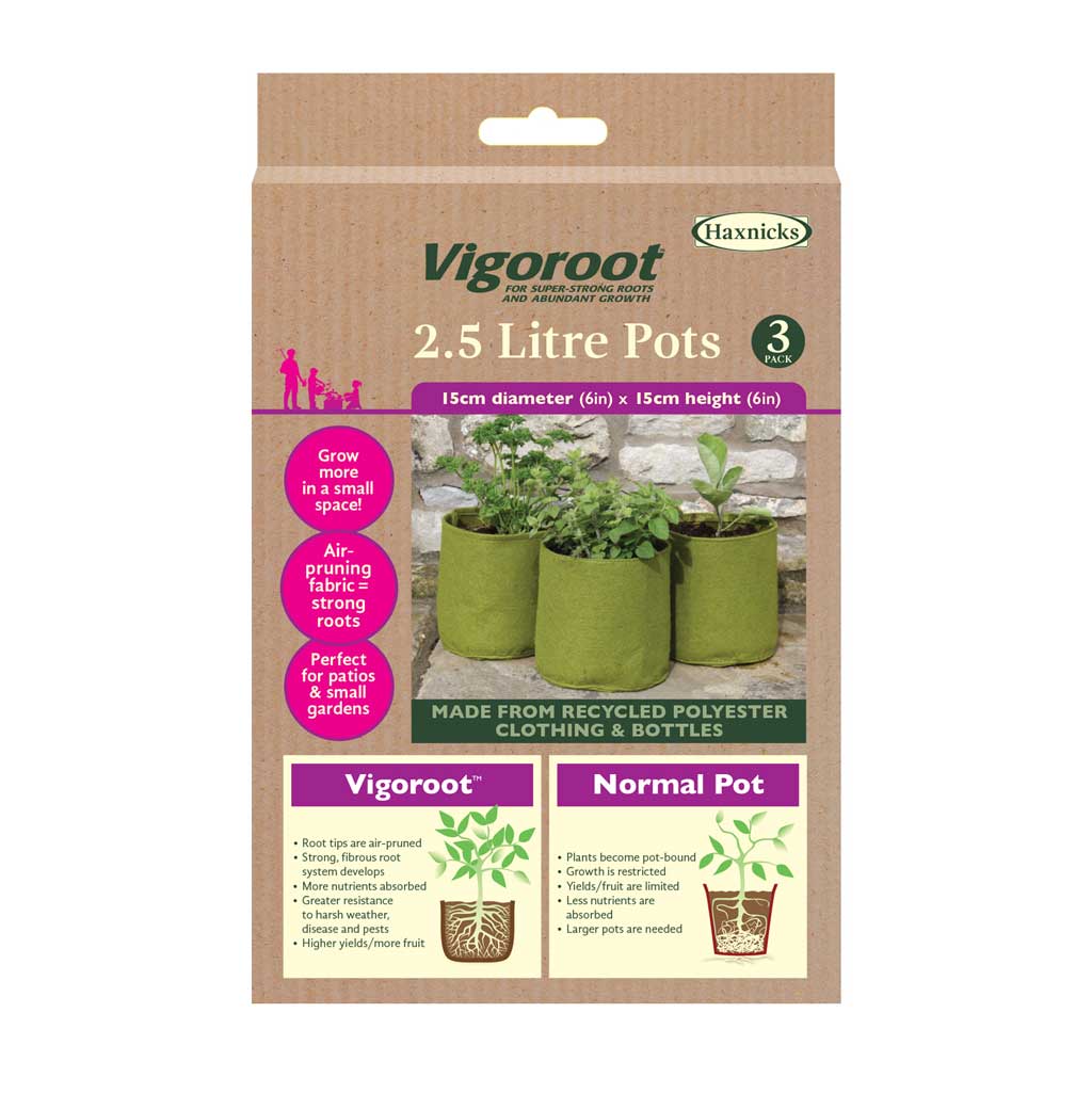 Packaging of Vigoroot 2.5 litre pots with green plants on a white background