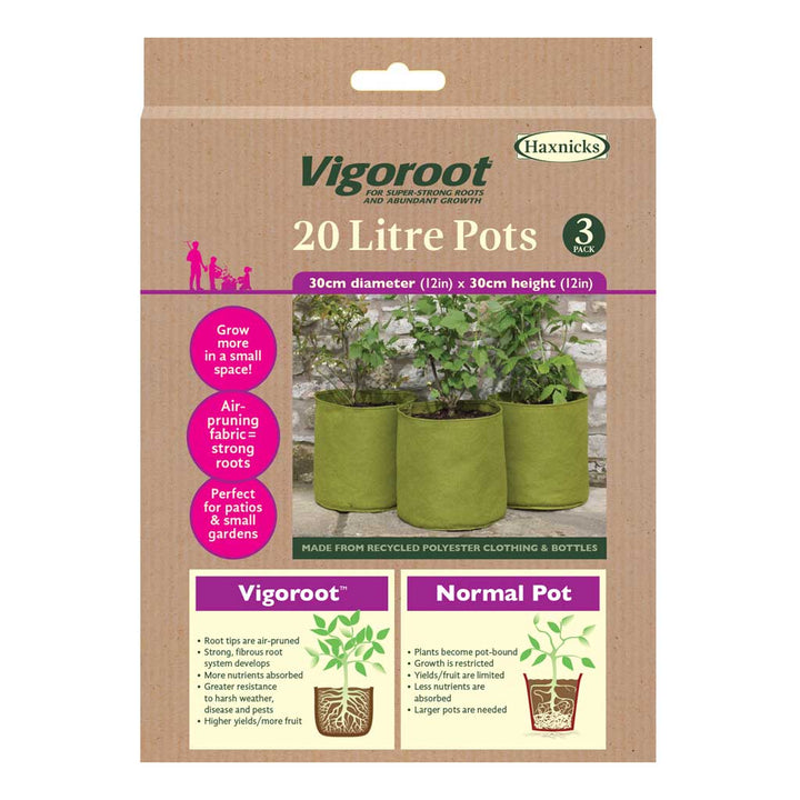 Haxnicks Vigoroot 20 Litre Pots packaging with text and images of pots.