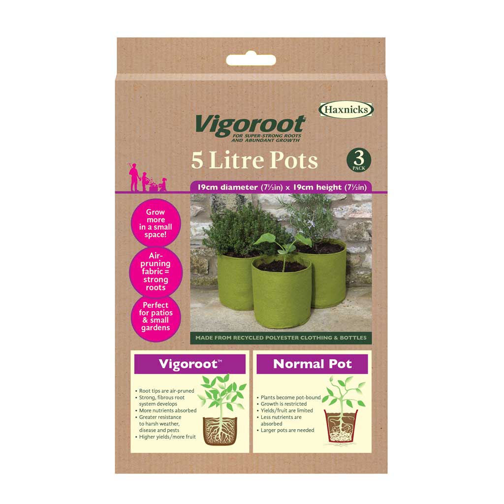 Package of Haxnicks Vigoroot 5 Litre Pots with green pots on a beige background