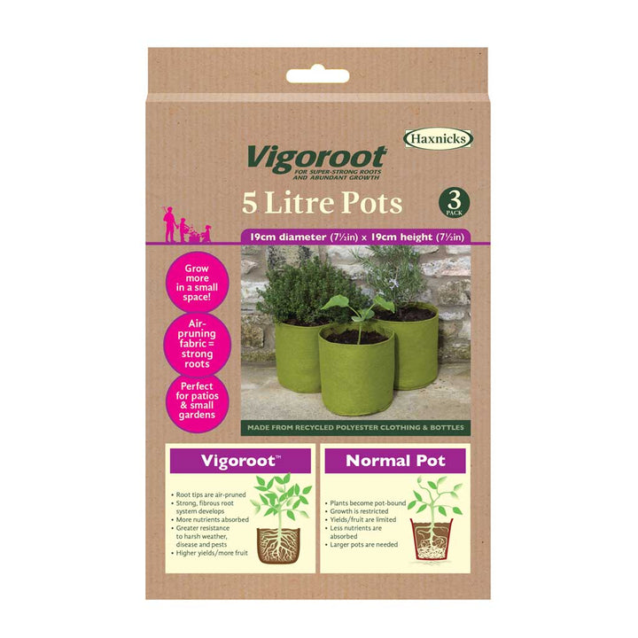 Package of Haxnicks Vigoroot 5 Litre Pots with green pots on a beige background