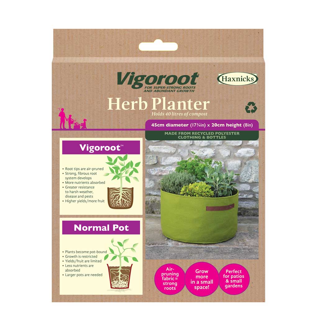 Vigoroot Herb Planter packaging with text and images of a green planter.